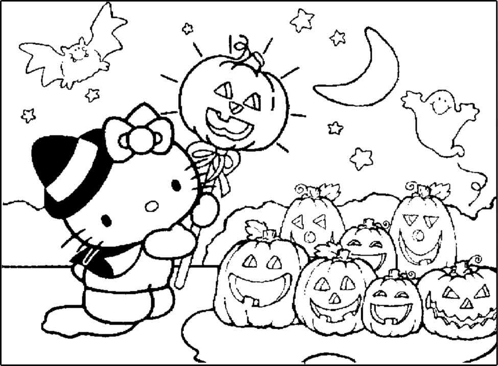 Hello Kitty Halloween - Dia das Bruxas para Colorir com Abobora