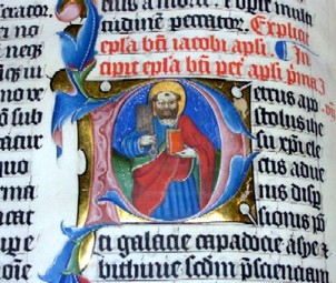 Uma letra "p" capitular iluminada na Bíblia de Malmesbury, um livro manuscrito medieval