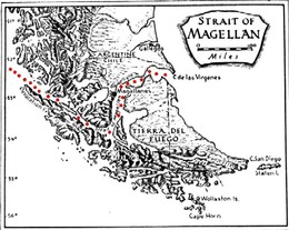 Antigo mapa mostrando o Estreito de Magalhães